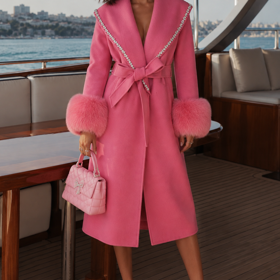 Jessica Bara Aver Fur Crystal Belted Long Coat