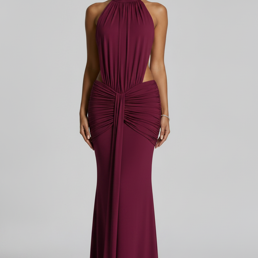 Jessica Bara Avreka Halter Backless Ruched Gown