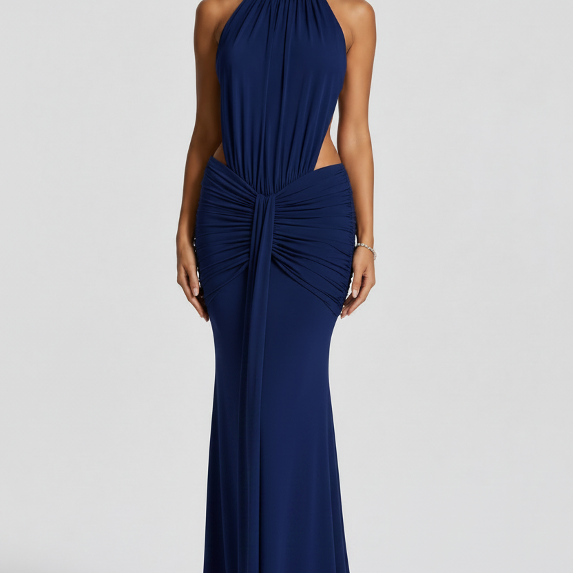 Jessica Bara Avreka Halter Backless Ruched Gown