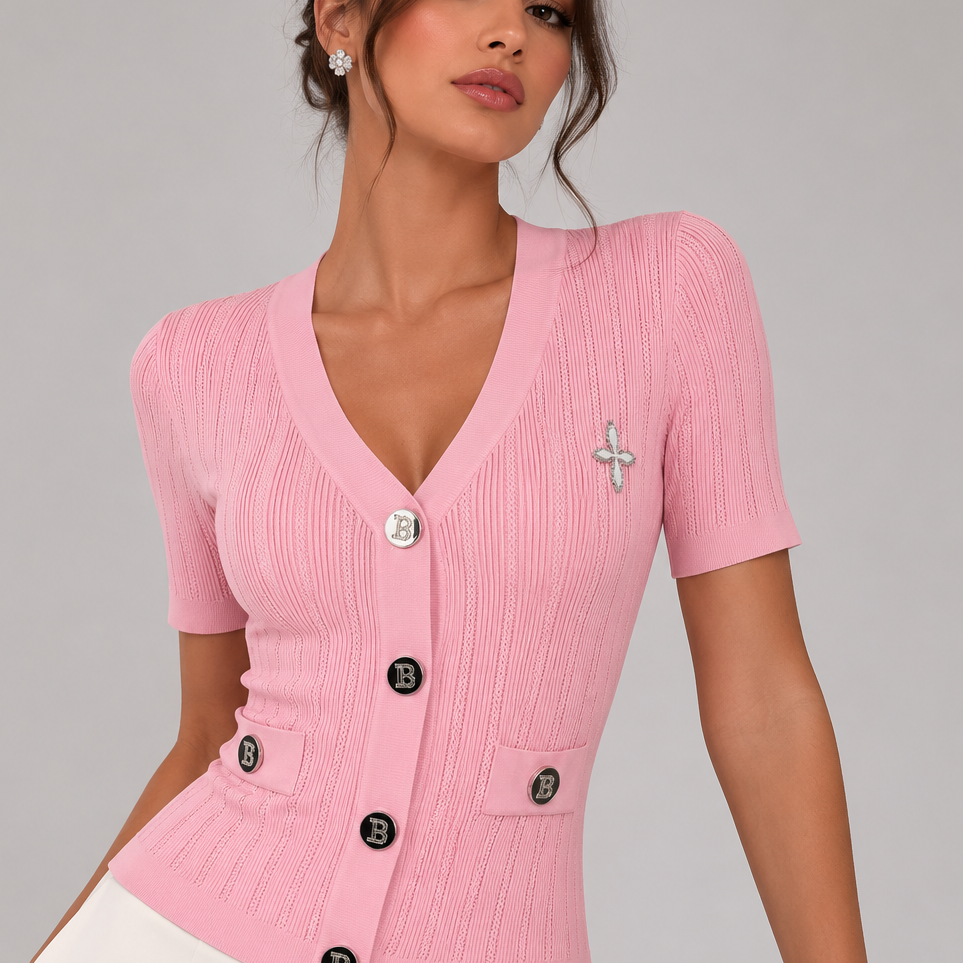 Jessica Bara Avrielle Knit Button Short Sleeve Top