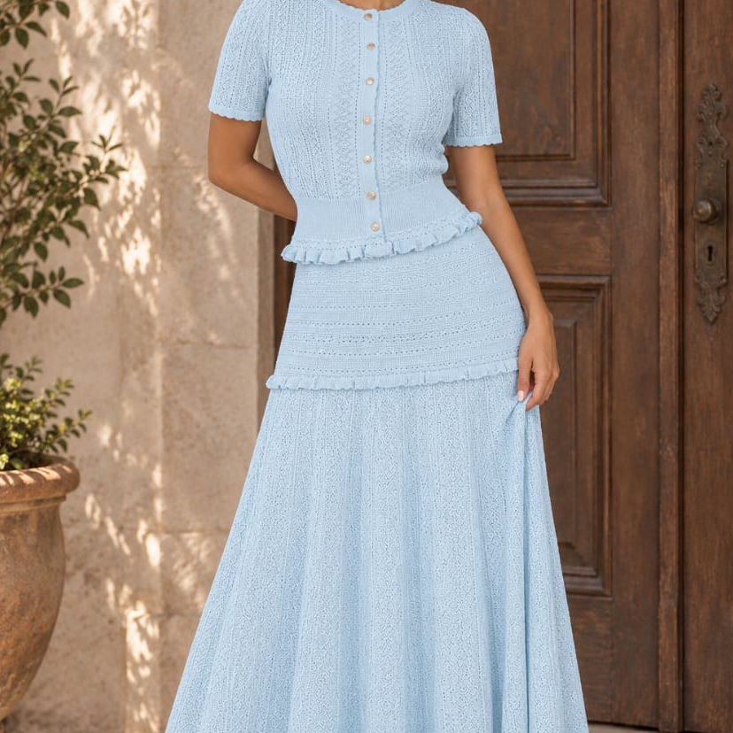 Jessica Bara Azelle Knit Short Sleeve Top and Maxi Skirt Two Piece Set