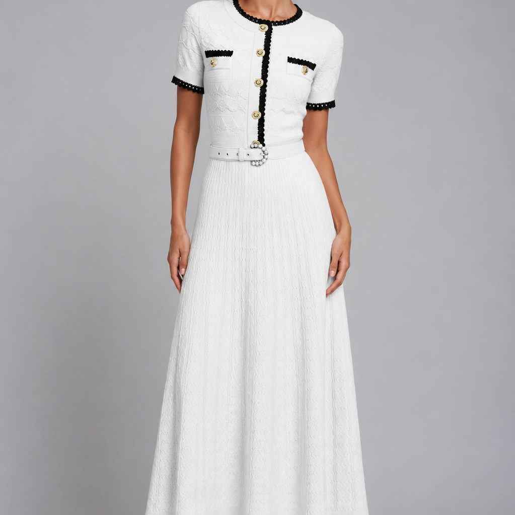Jessica Bara Azlieka Knit Gold Button Belted Maxi Dress