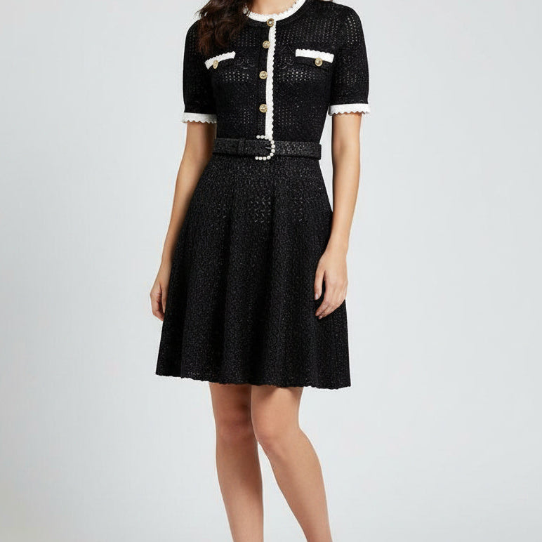 Jessica Bara Azlieka Knit Gold Button Belted Mini Dress