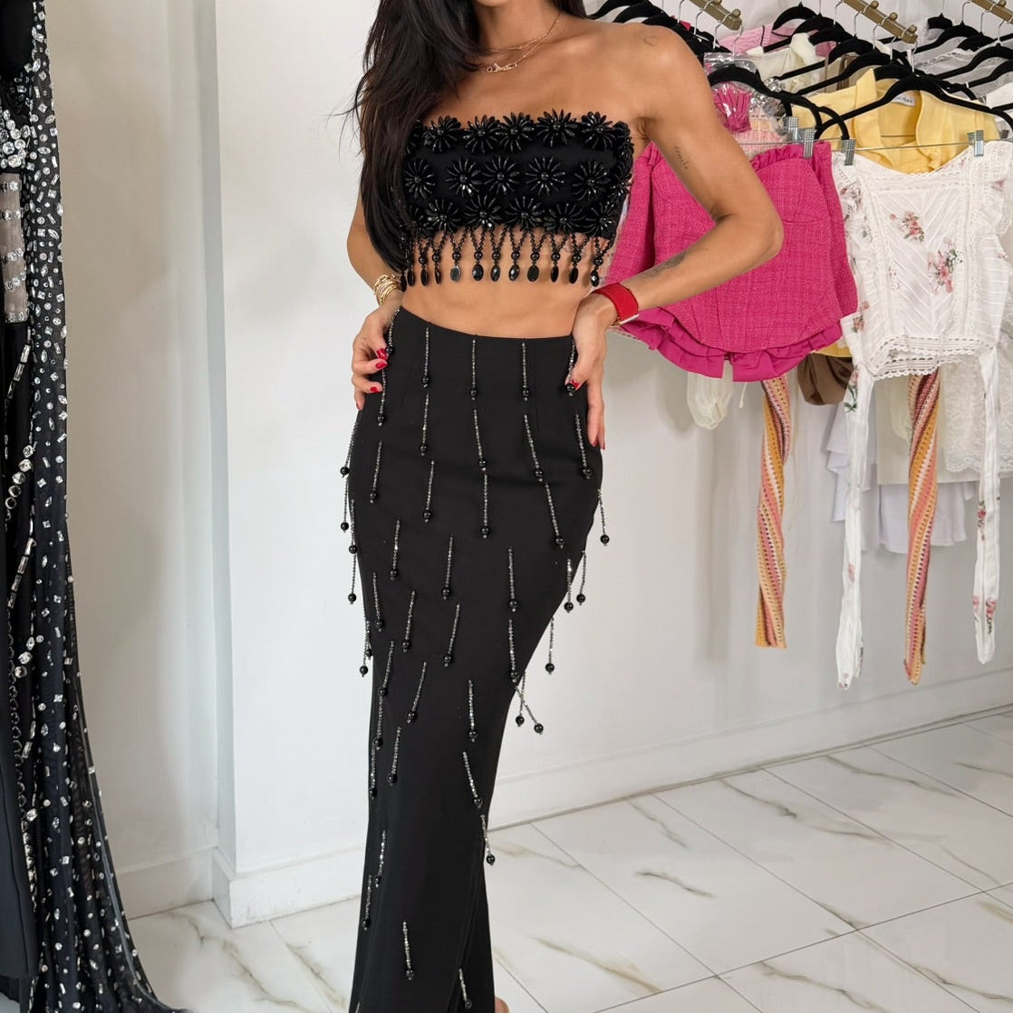 Jessica Bara Bayla Flower Fringe Strapless Tube Top and Maxi Skirt Set