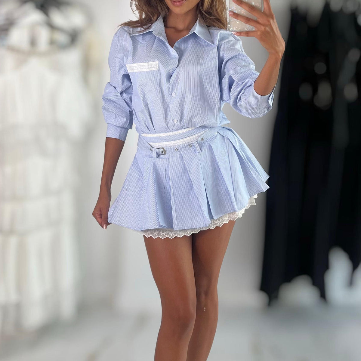Jessica Bara Beba Button Down Top and Skirt Two Piece Set