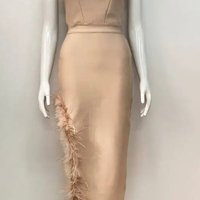 Jessica Bara Caleigh Strapless Tube Feather Bandage Midi Dress
