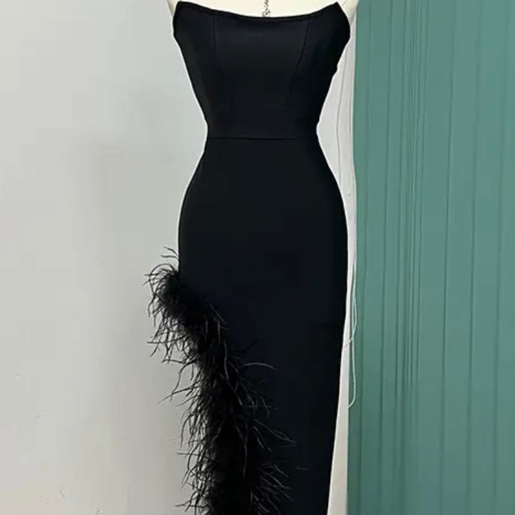 Jessica Bara Caleigh Strapless Tube Feather Bandage Midi Dress