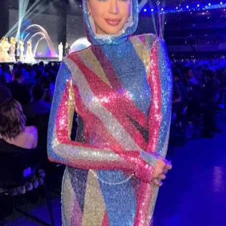 Jessica Bara Caline Sequin Hooded Long Sleeve Maxi Dress