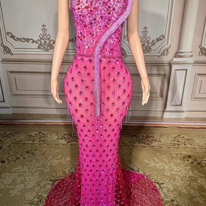 Jessica Bara Carrie Strapless Tube Asymmetrical Embellished Maxi Dress