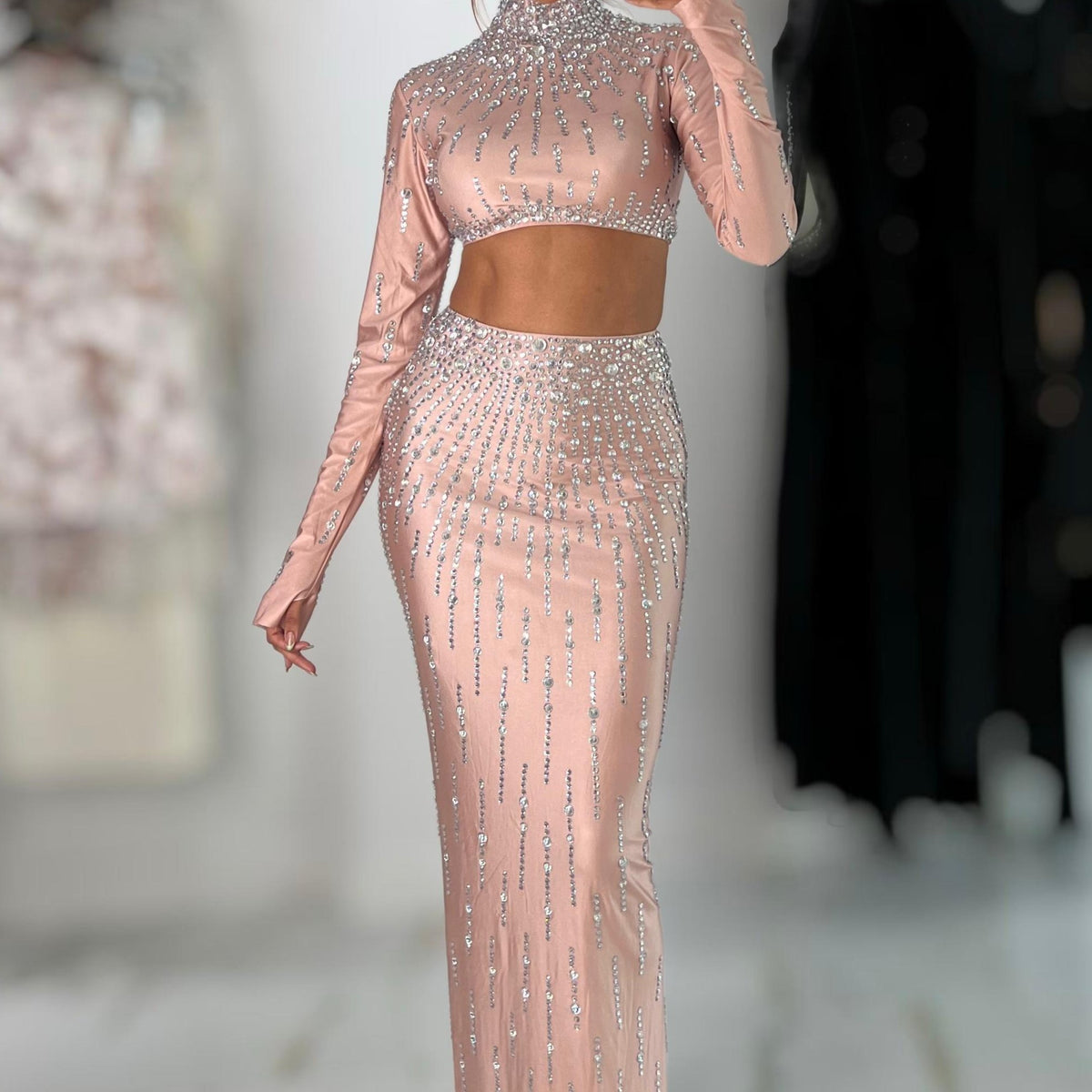 Jessica Bara Cassidy Crystal Long Sleeve Crop Top and Maxi Skirt Two Piece Set