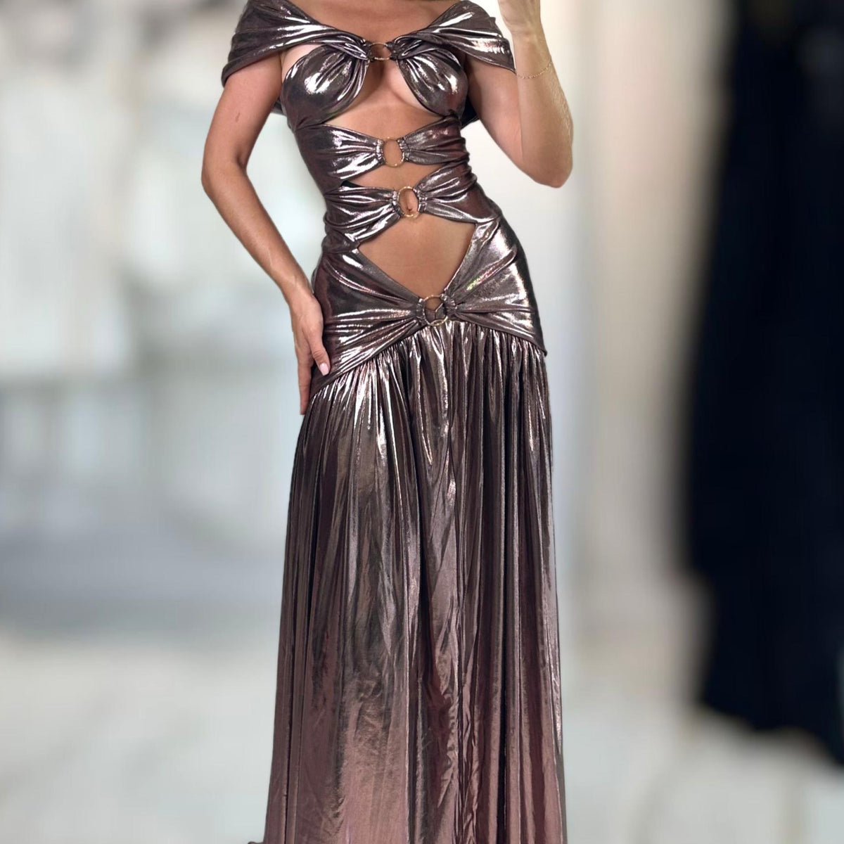 Jessica Bara Chad Metallic Cut Out Gown