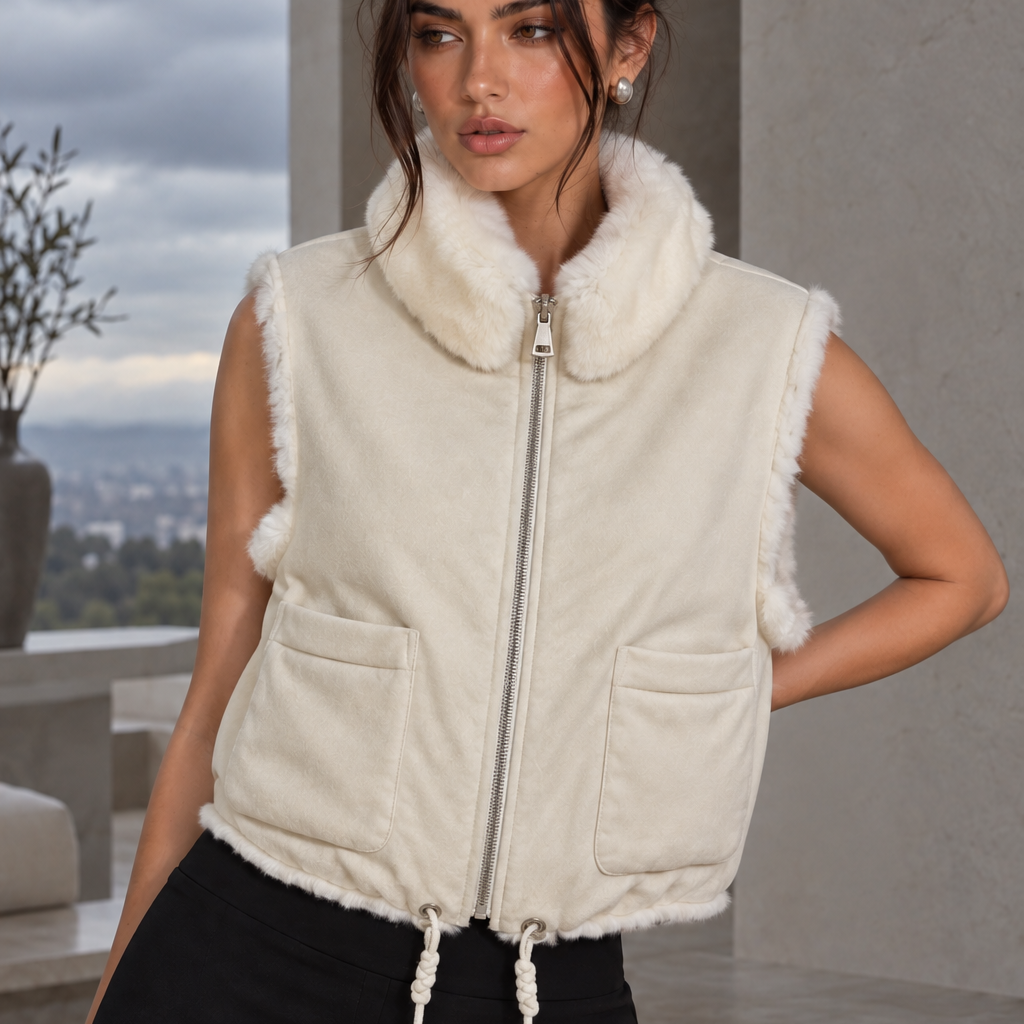Jessica Bara Clorinde Fur High Neck Zip Up Vest Top
