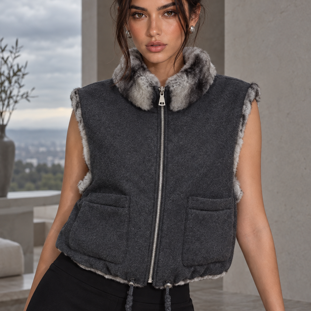 Jessica Bara Clorinde Fur High Neck Zip Up Vest Top