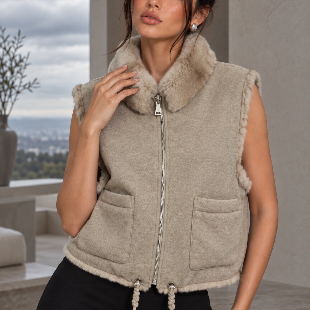 Jessica Bara Clorinde Fur High Neck Zip Up Vest Top