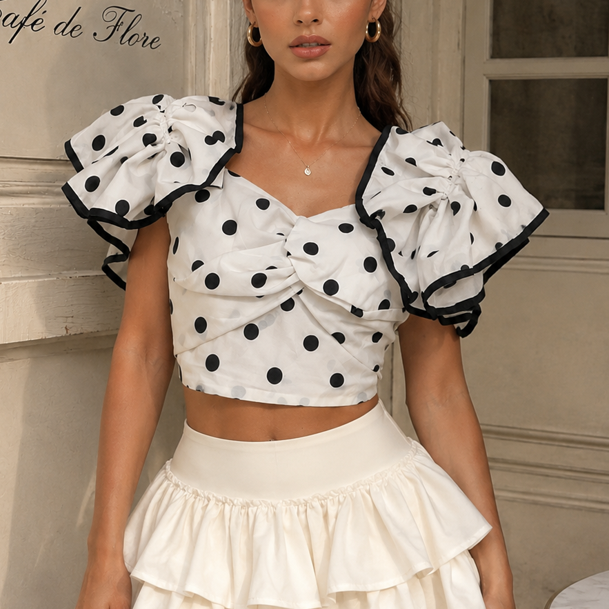 Jessica Bara Coquette Polka Dot Ruffle Top and Mini Skirt Two Piece Set