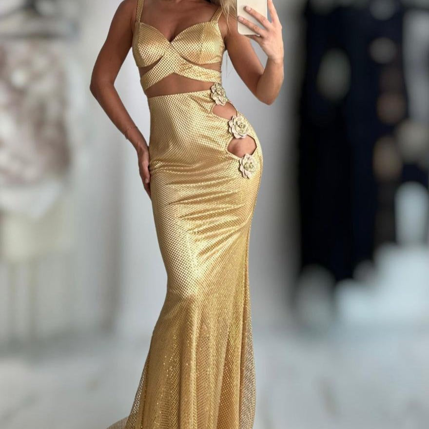 Jessica Bara Dandelion Flower Sequin Maxi Dress