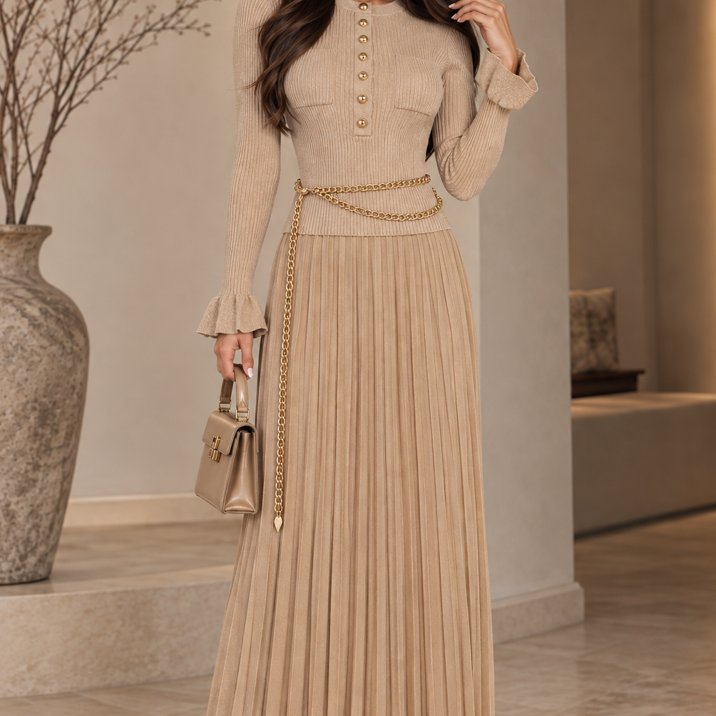 Jessica Bara Deborah Gold Button Long Sleeve Knit Top and Pleated Maxi Skirt Two Piece Set with Belt