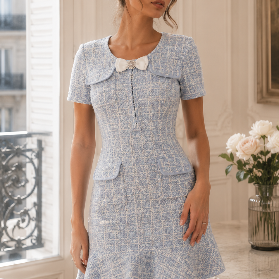 Jessica Bara Deri Bow Tweed Mini Dress