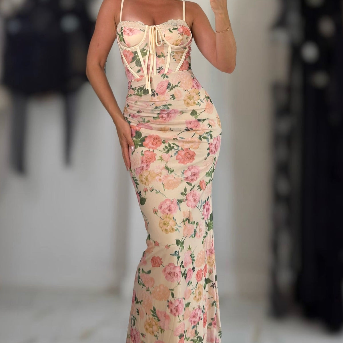 Jessica Bara Derove Floral Corset Maxi Dress