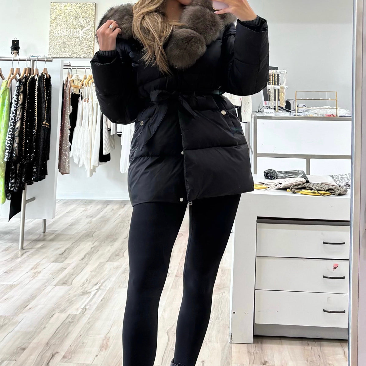 Jessica Bara Desira Fur Hooded Belted Coat