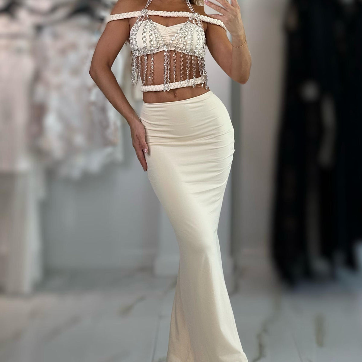 Jessica Bara Elsiera Crystal Off The Shoulder Top and Maxi Skirt Two Piece Set