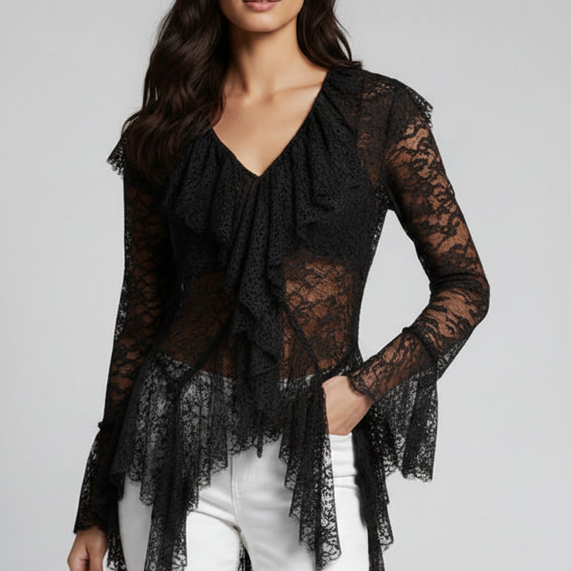 Jessica Bara Emena Lace See Through Long Sleeve Top