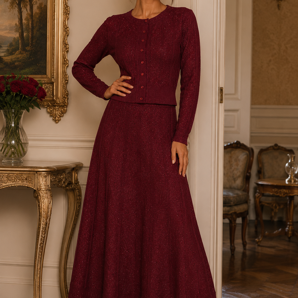 Jessica Bara Enola 2 Pointelle Knit Cardigan and Maxi Skirt Two Piece Set