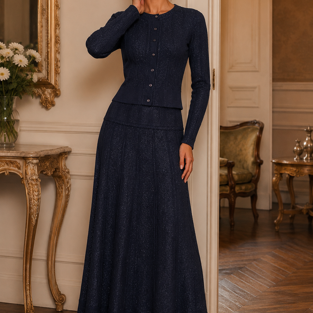 Jessica Bara Enola 2 Pointelle Knit Cardigan and Maxi Skirt Two Piece Set