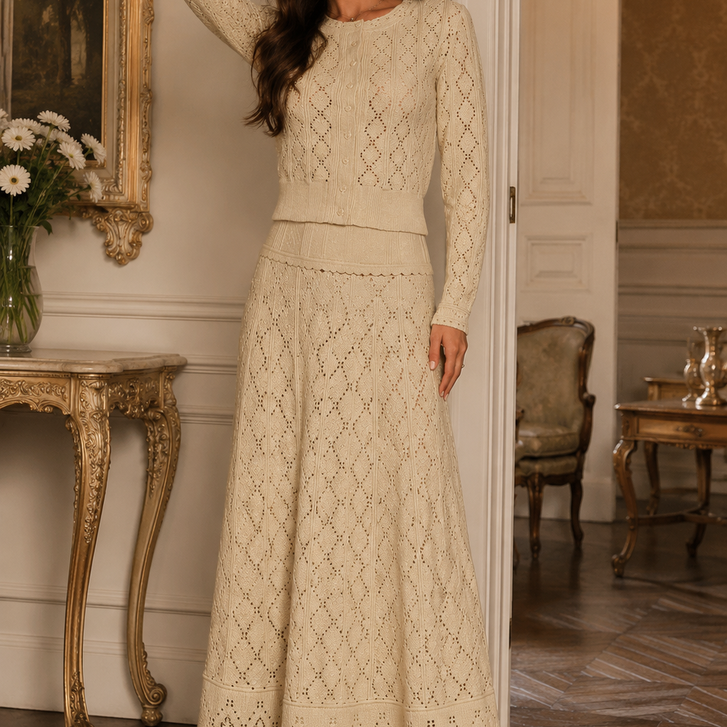 Jessica Bara Enola 2 Pointelle Knit Cardigan and Maxi Skirt Two Piece Set