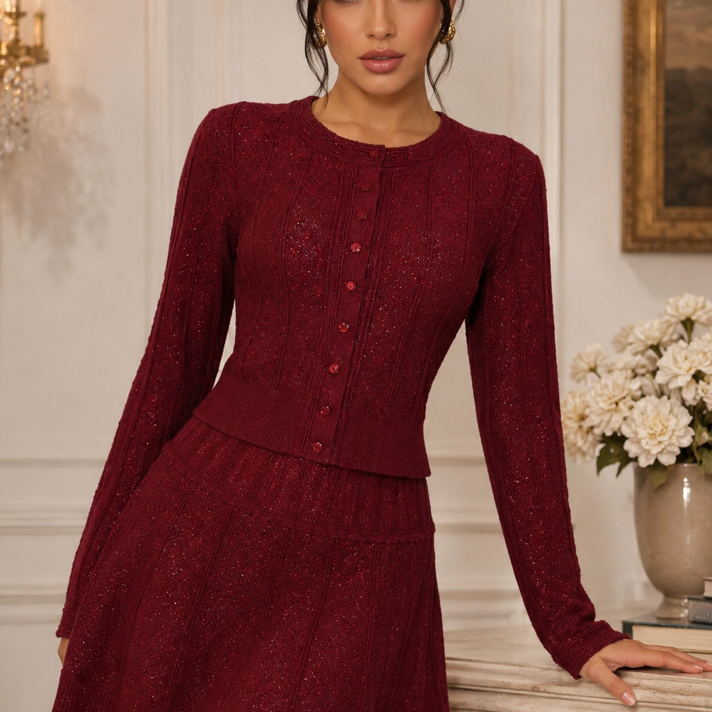 Jessica Bara Enola Pointelle Knit Cardigan and Mini Skirt Two Piece Set