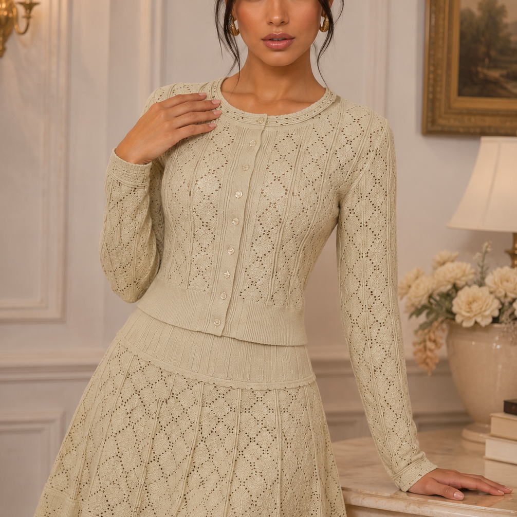 Jessica Bara Enola Pointelle Knit Cardigan and Mini Skirt Two Piece Set