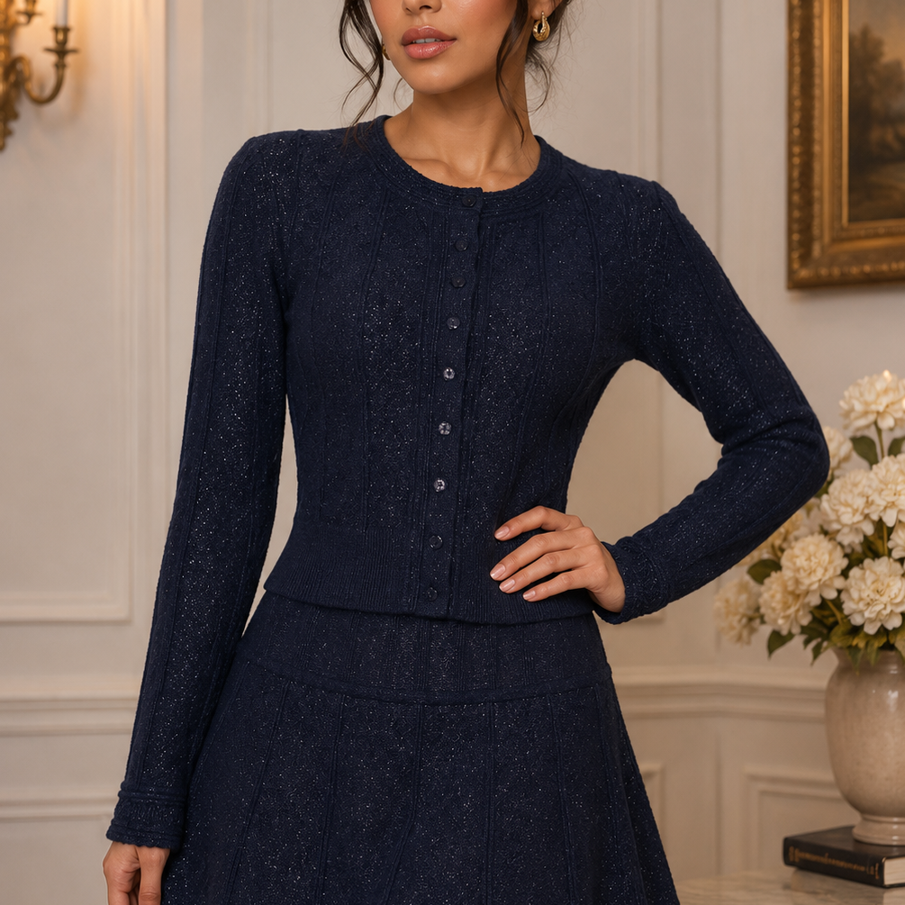 Jessica Bara Enola Pointelle Knit Cardigan and Mini Skirt Two Piece Set