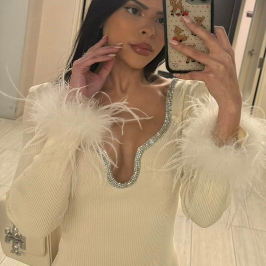 Jessica Bara Esmerana Crystal Beaded Long Sleeve Feather Sweater