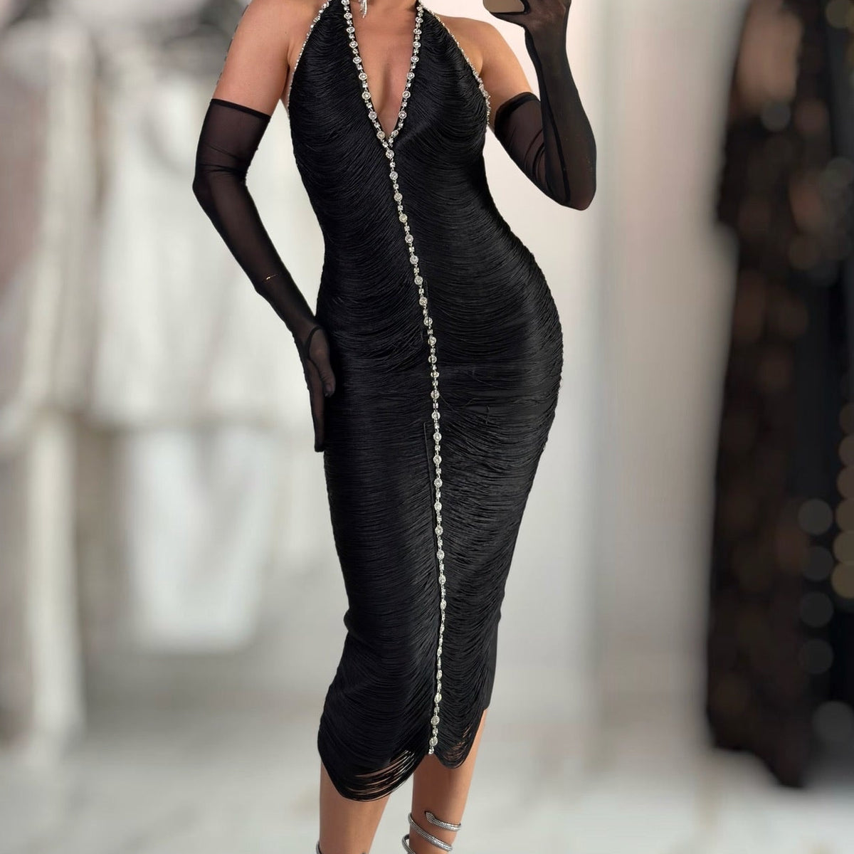 Jessica Bara Fariel Fringe Halter Neck Midi Dress