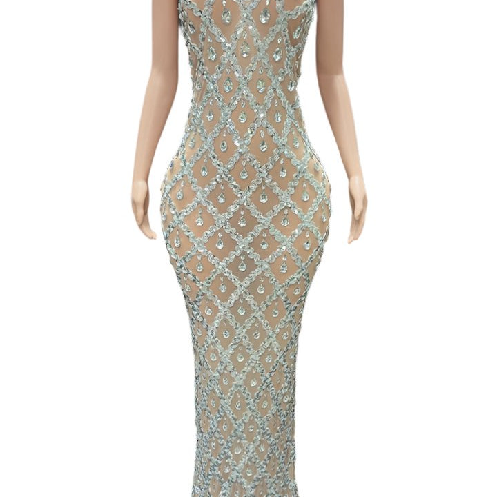 Jessica Bara Fashel Halter Deep V-Neck Crystal Maxi Dress