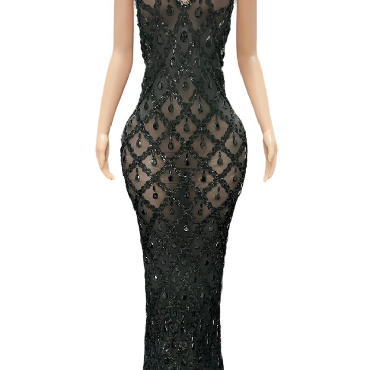 Jessica Bara Fashel Halter Deep V-Neck Crystal Maxi Dress