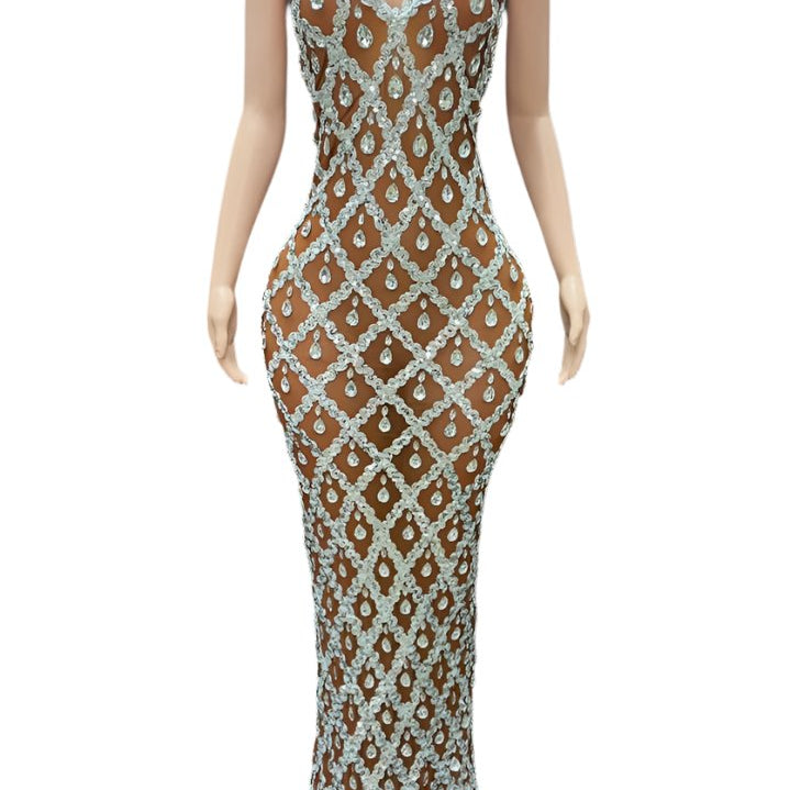 Jessica Bara Fashel Halter Deep V-Neck Crystal Maxi Dress