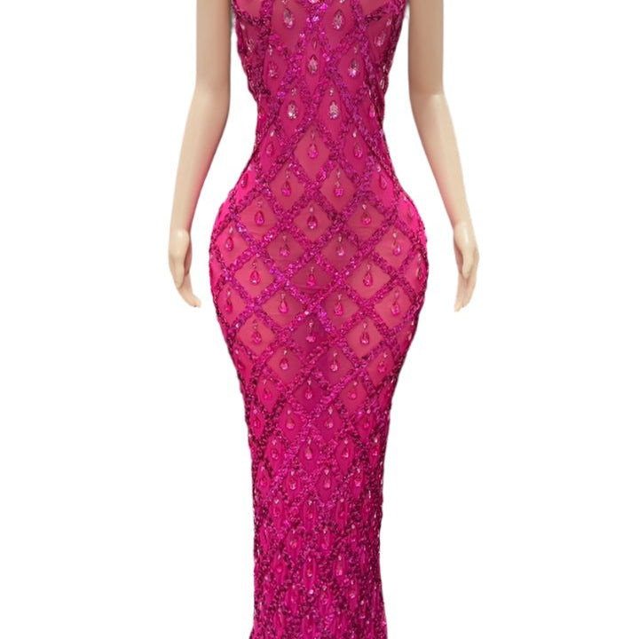 Jessica Bara Fashel Halter Deep V-Neck Crystal Maxi Dress
