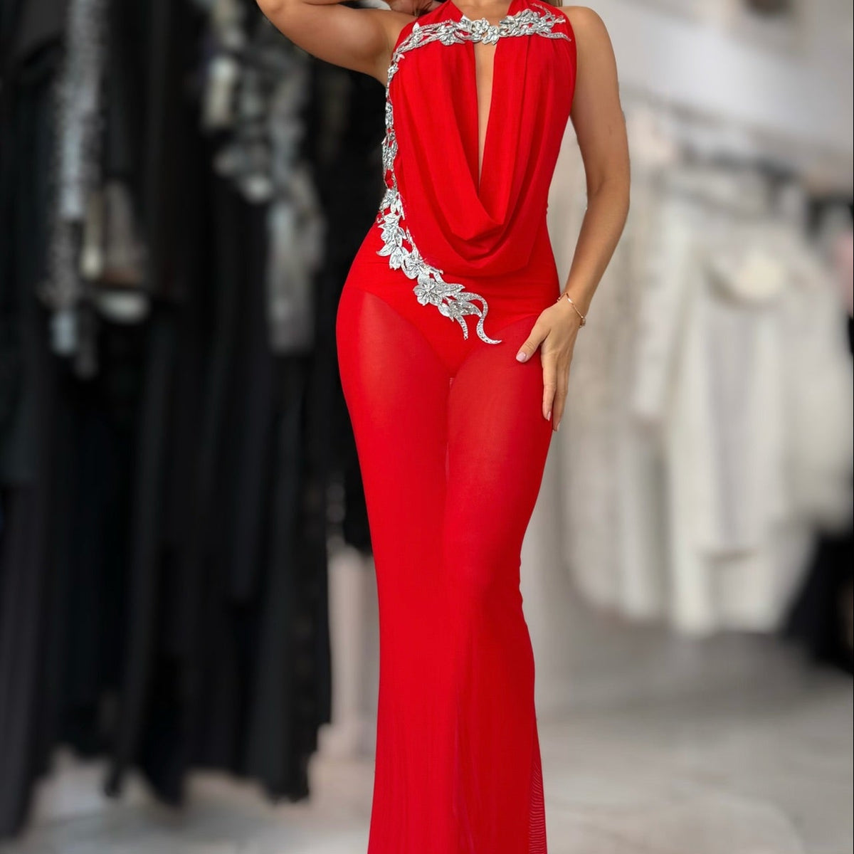 Jessica Bara Femira Mesh Halter Neck Backless Gown