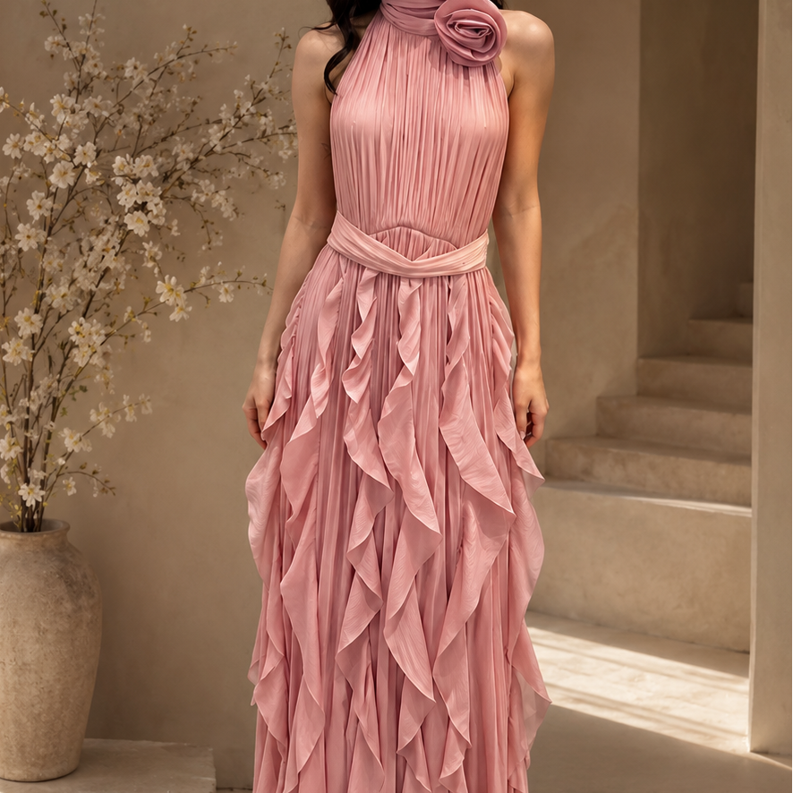 Jessica Bara Ferin Flower Ruffle Maxi Dress