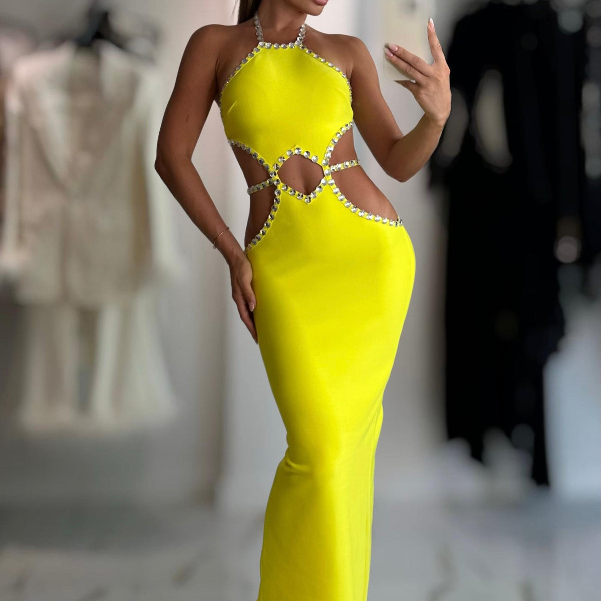 Jessica Bara Fina Crystal Cut Out Maxi Dress