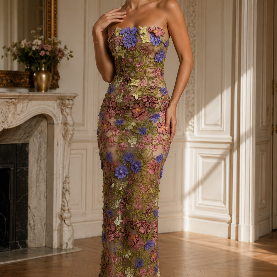 Jessica Bara Fleur Flower Strapless Maxi Dress