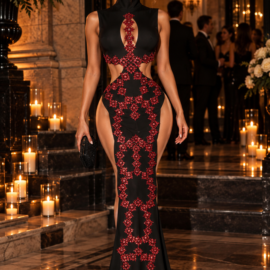 Jessica Bara Gavera Crystal High Neck Cut Out Side Slit Gown