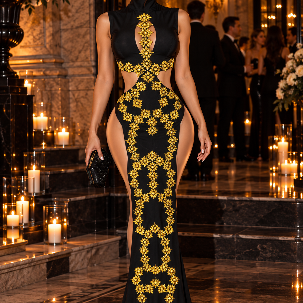 Jessica Bara Gavera Crystal High Neck Cut Out Side Slit Gown