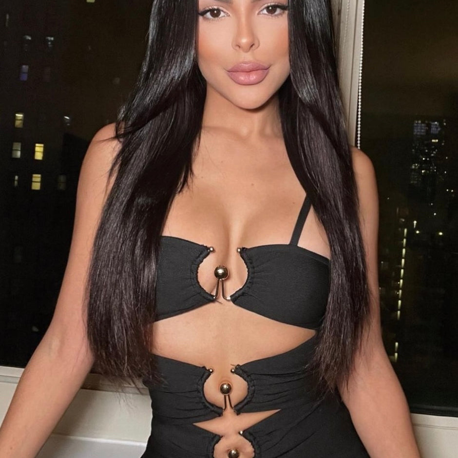 Jessica Bara Genevieve Bandage Midi Dress with Gold Hardware As Seen On Carolina Delgado
