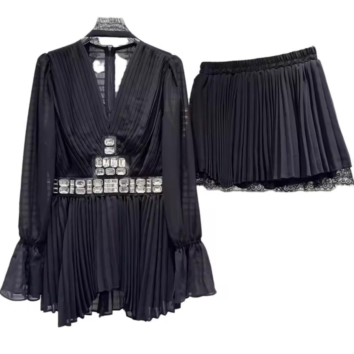 Jessica Bara Gesha Long Sleeve Top and Pleated Mini Skirt Two Piece Set