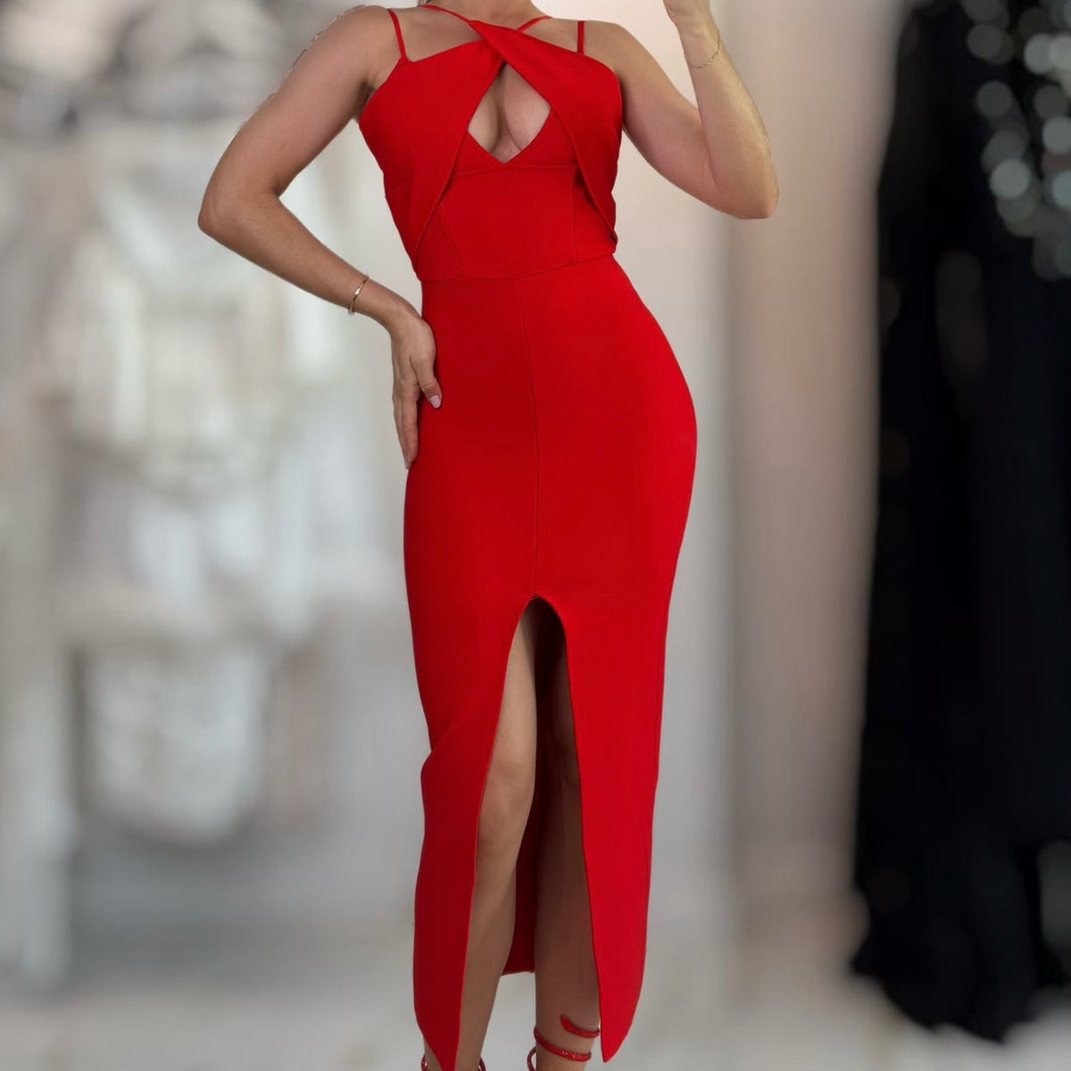 Jessica Bara Gezmar Cut Out Bandage Front Slit Maxi Dress