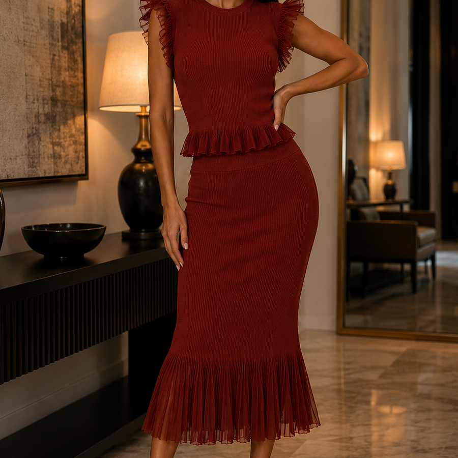 Jessica Bara Grace Peplum Ruffle Top and Midi Skirt Two Piece Set