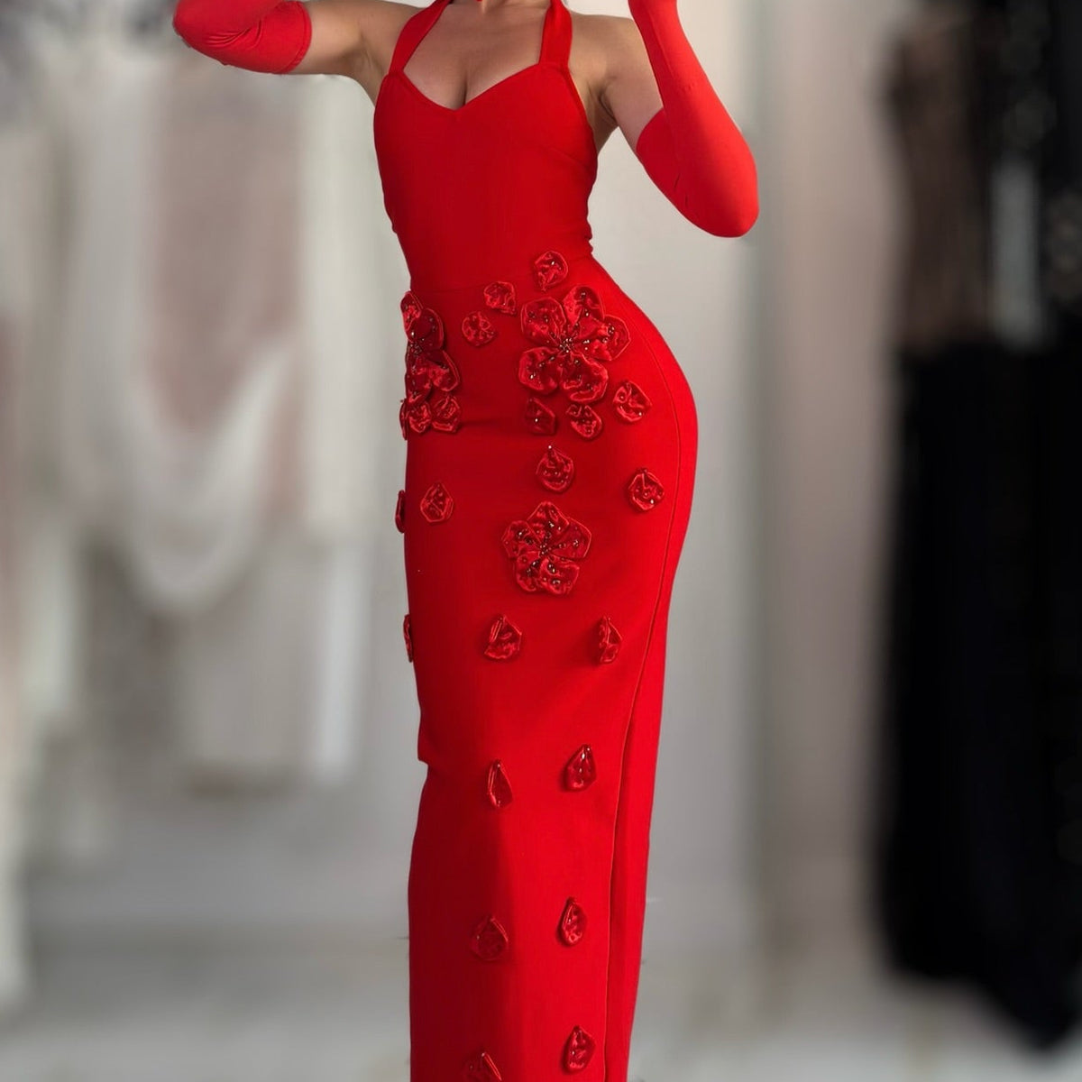 Jessica Bara Hadi Flower Halter Neck Maxi Dress with Gloves
