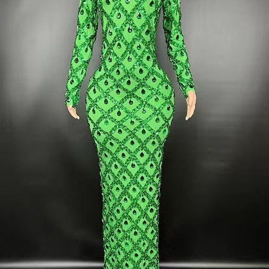 Jessica Bara Jasmeen Crystal Mesh Long Sleeve Maxi Dress